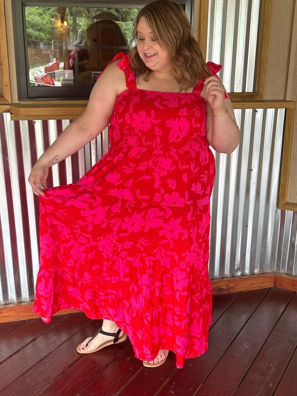 Plus-Size Red Floral Tie-Shoulder Maxi Dress